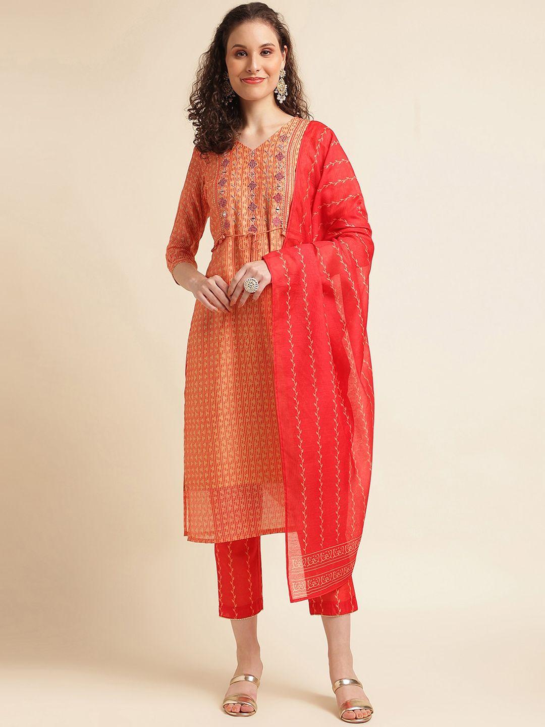 nainvish geometric printed v-neck thread work cotton silk kurta with trousers & dupatta