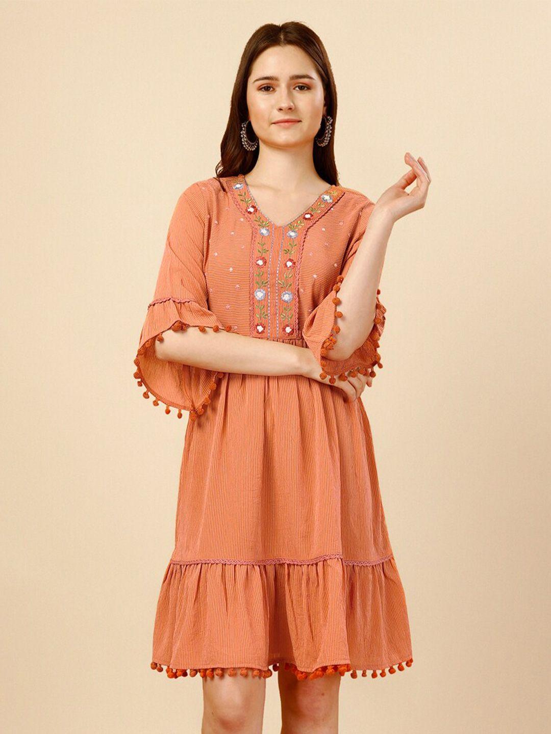 nainvish orange bell sleeve a-line dress