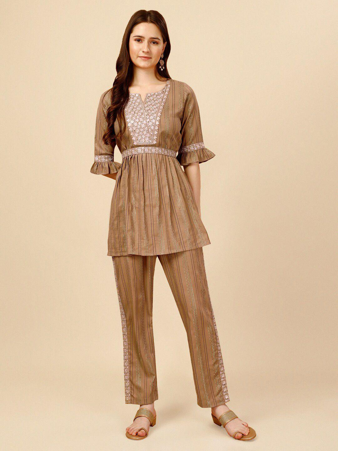 nainvish v-neck printed empire thread work pure cotton co-ord top & trousers set