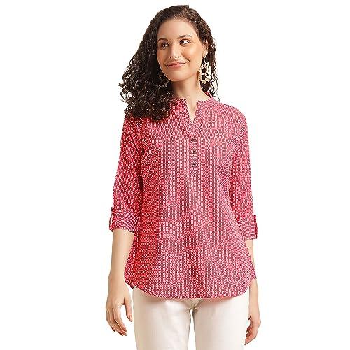 nainvish women's cotton blend mandarincollar regular fit printed top (sd499_t_m_red)