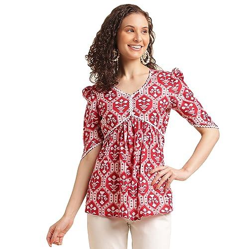 nainvish women's cotton blend printed straight v-neck top (sd511_t-l_red)