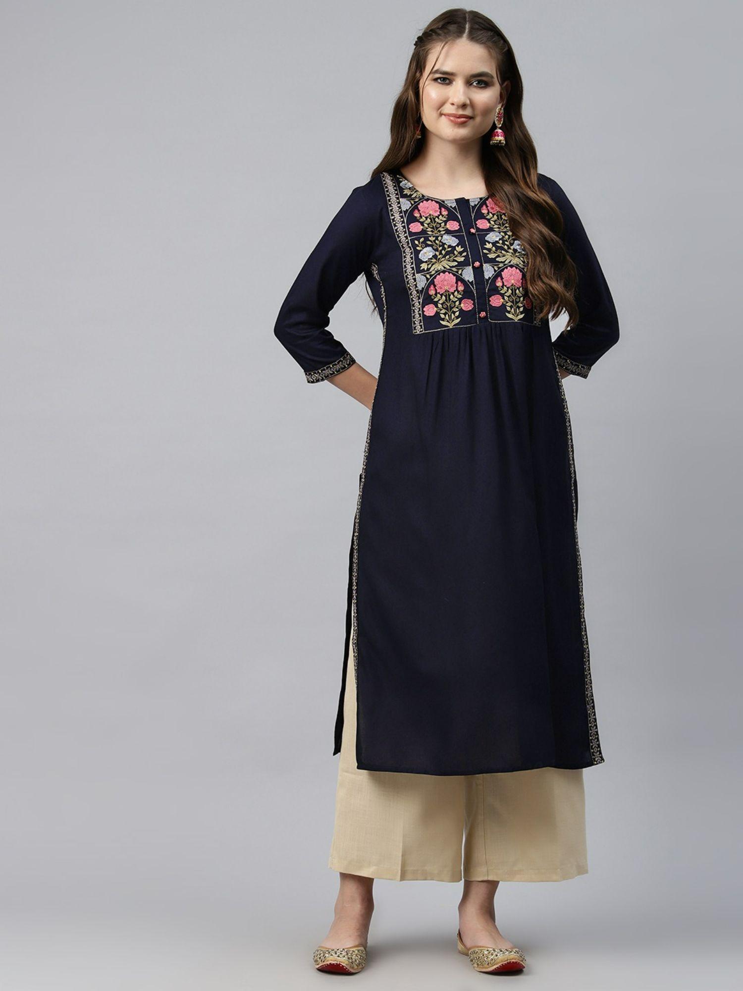 naira style rayon fabric navy blue color kurta