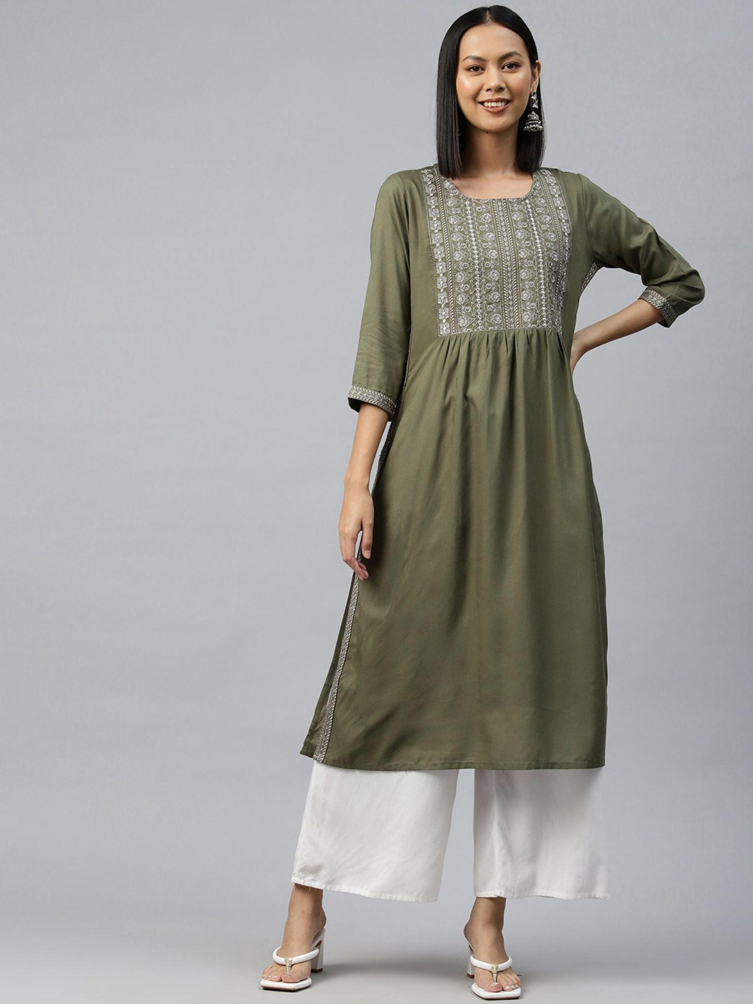 naira style rayon fabric olive green color kurta