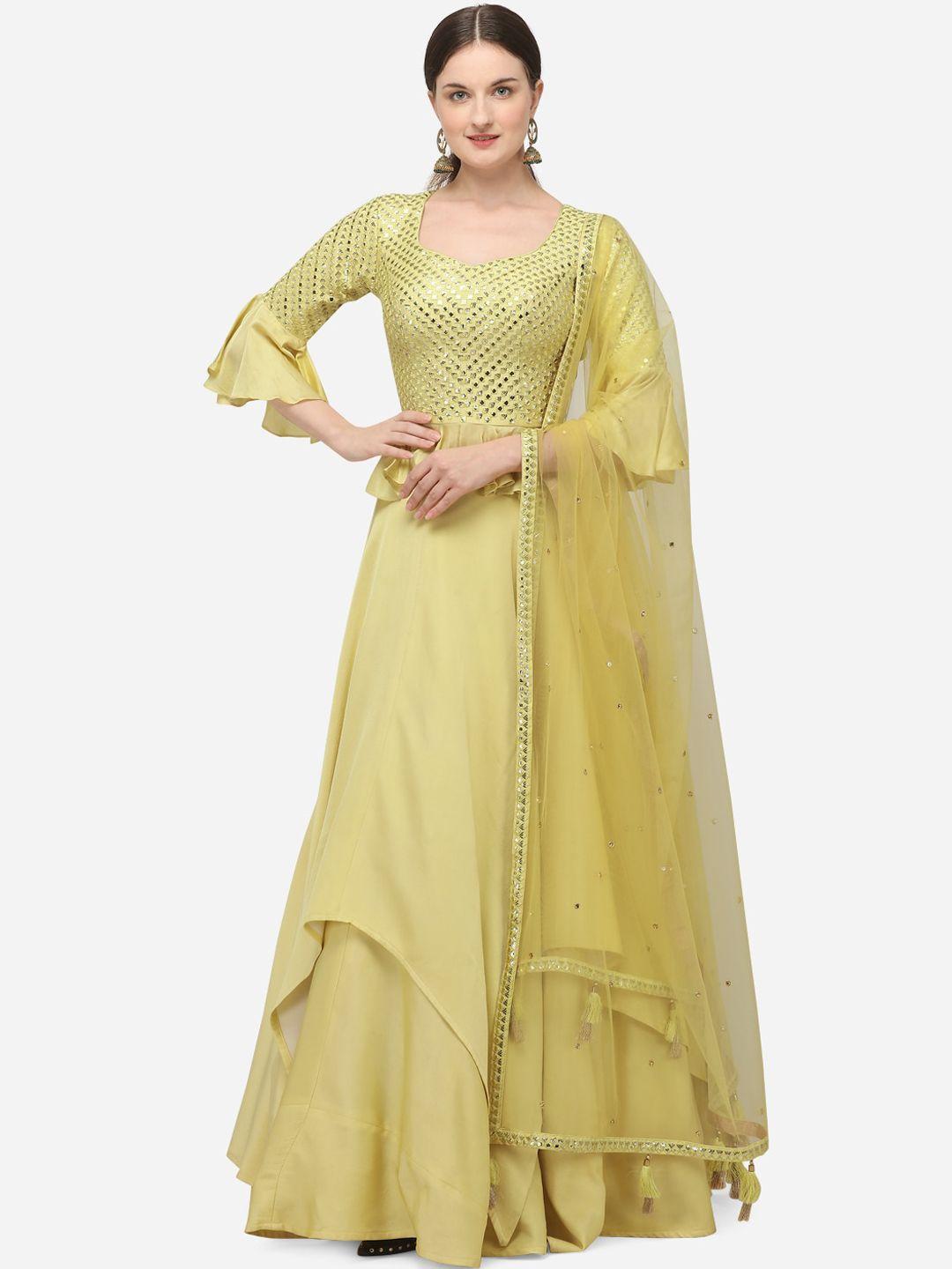 nakkashi yellow & gold-toned embellished semi-stitched lehenga & unstitched blouse with dupatta