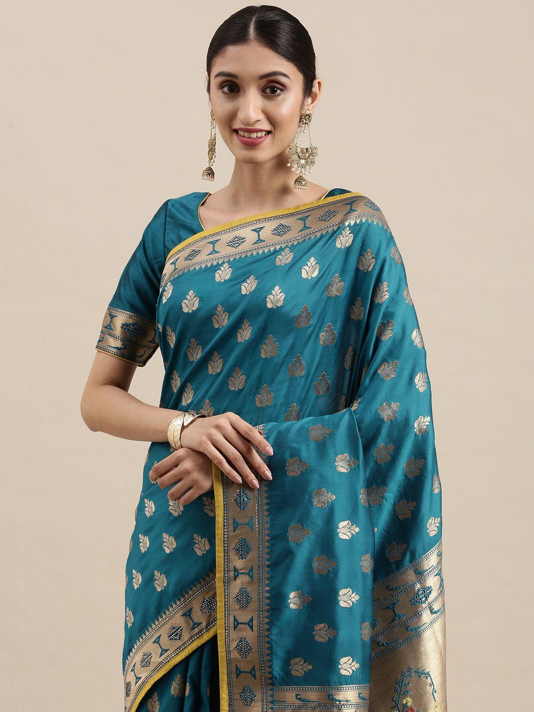 nakkashi blue & golden ethnic motifs woven design saree
