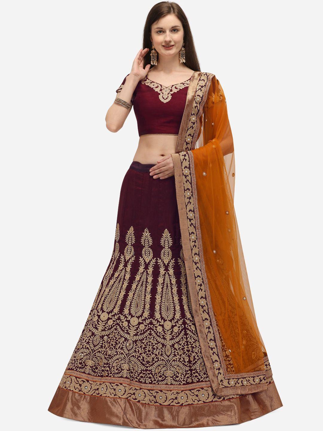 nakkashi maroon & gold-toned embroidered semi-stitched lehenga & unstitched blouse with dupatta