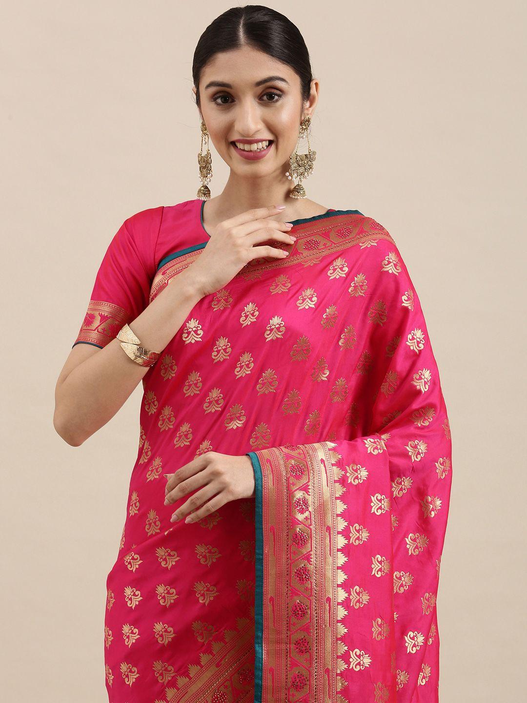 nakkashi pink & golden ethnic motifs woven design saree