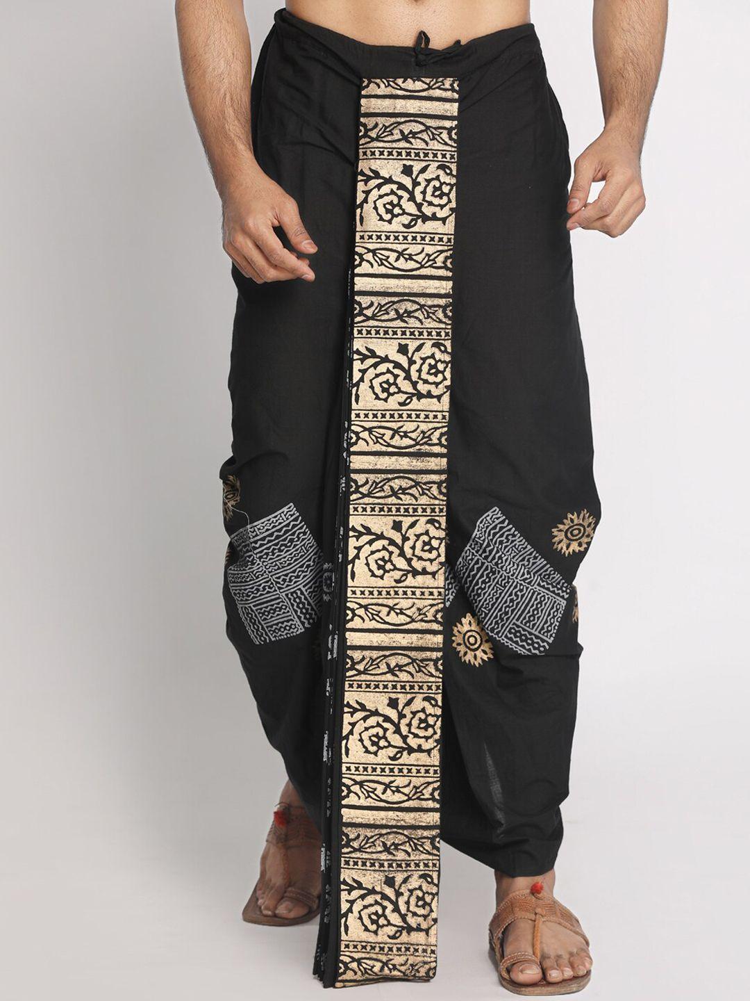 nakshi men black & gold-colour hand block printed stitched dhoti