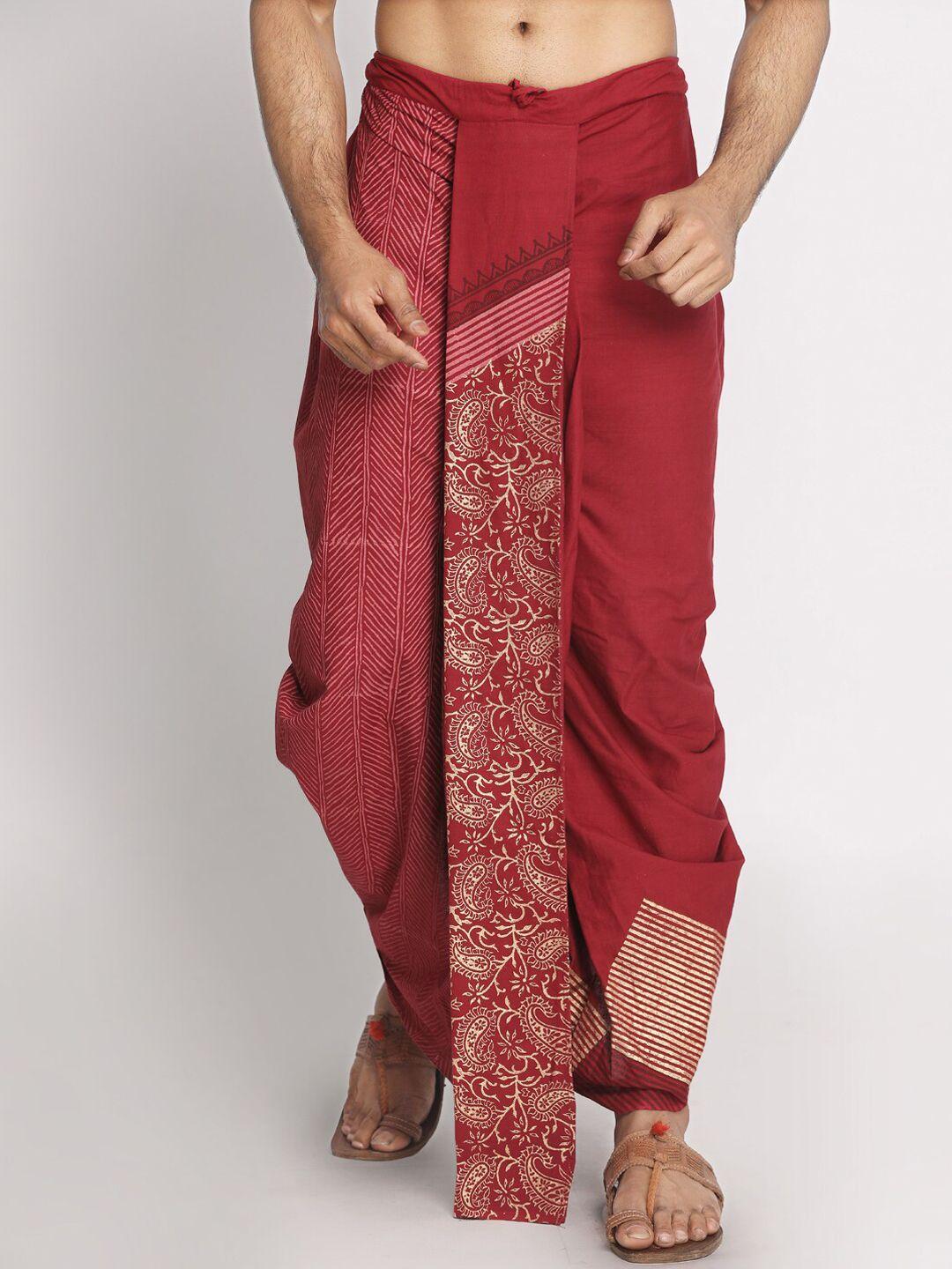 nakshi men red & beige paisley handblock printed dhoti