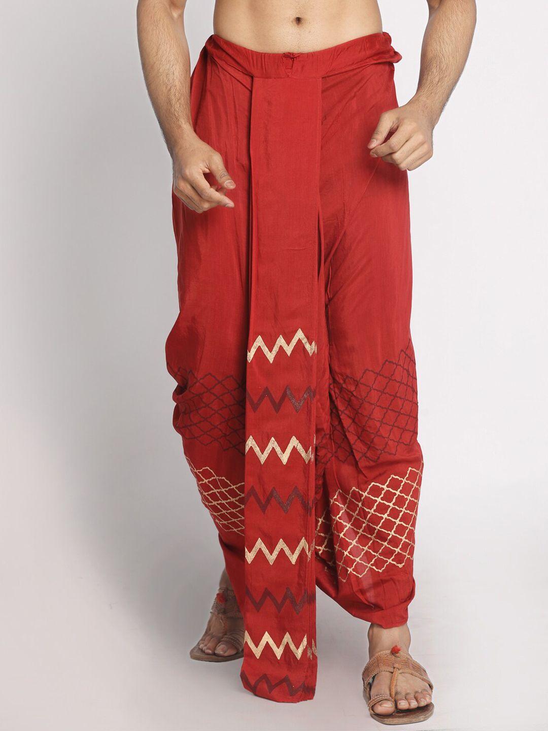 nakshi men red & gold-coloured hand block printed stitched dhoti