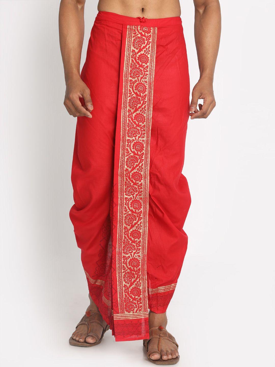 nakshi men red & gold-coloured handblock printed cotton dhoti