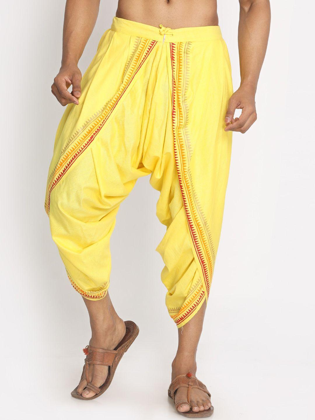 nakshi men yellow & red hand block printed pure cotton dhoti