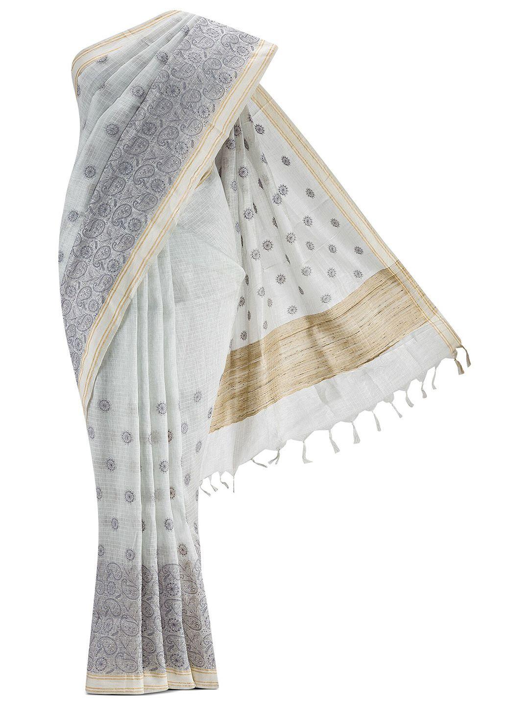 nalli next blue & white embellished zari linen blend saree