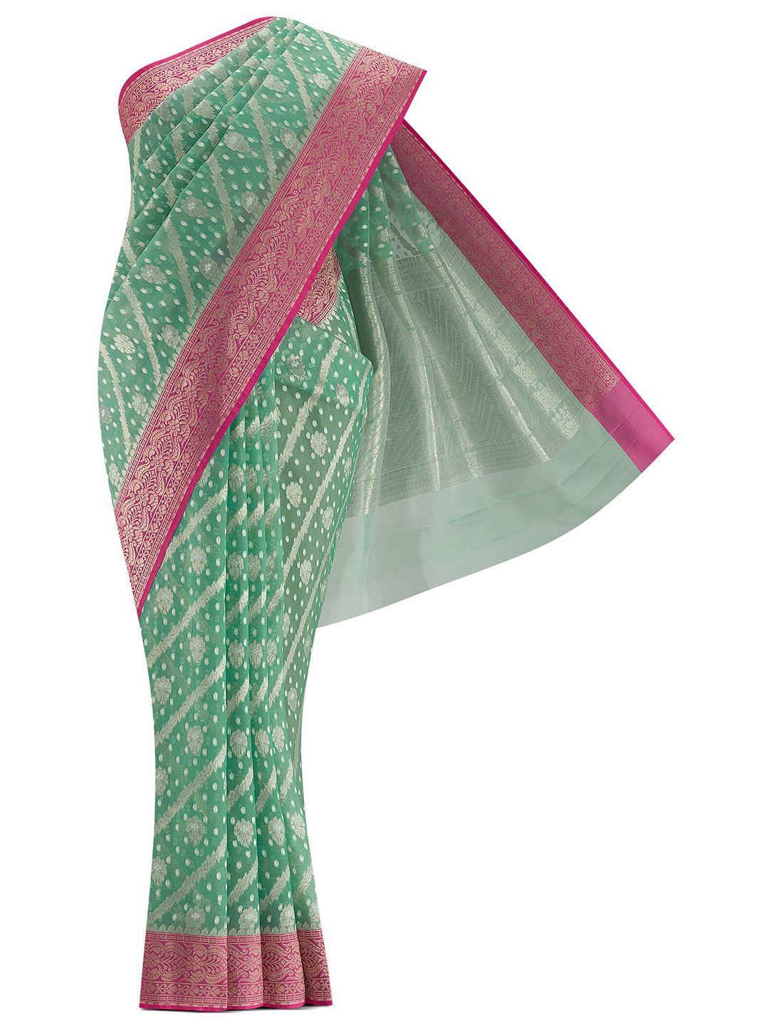 nalli next green & pink woven design zari organza saree