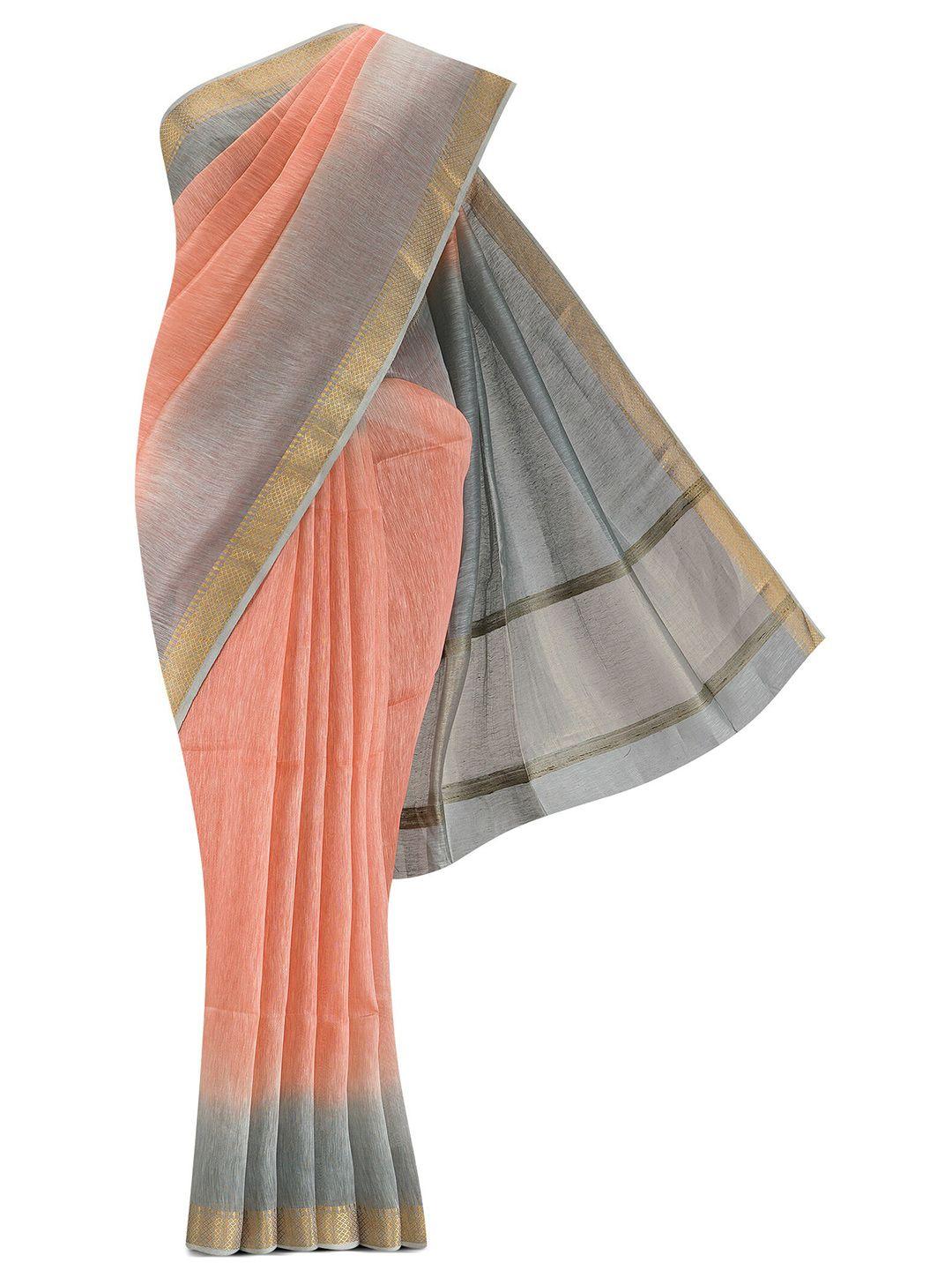 nalli next next peach-coloured & grey pure linen saree