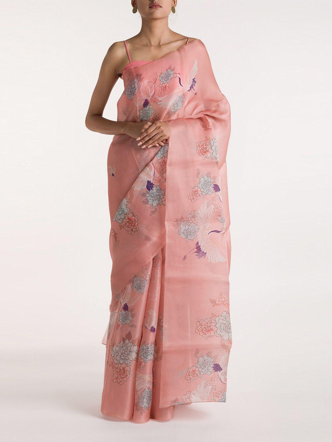 nalli next pink & silver-toned floral organza saree