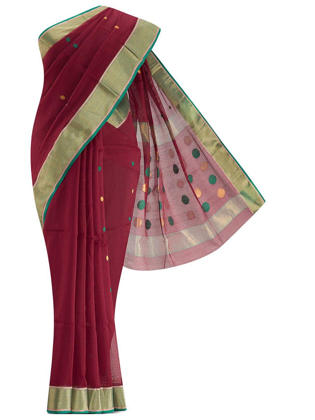 nalli next women maroon & green woven design zari silk cotton saree