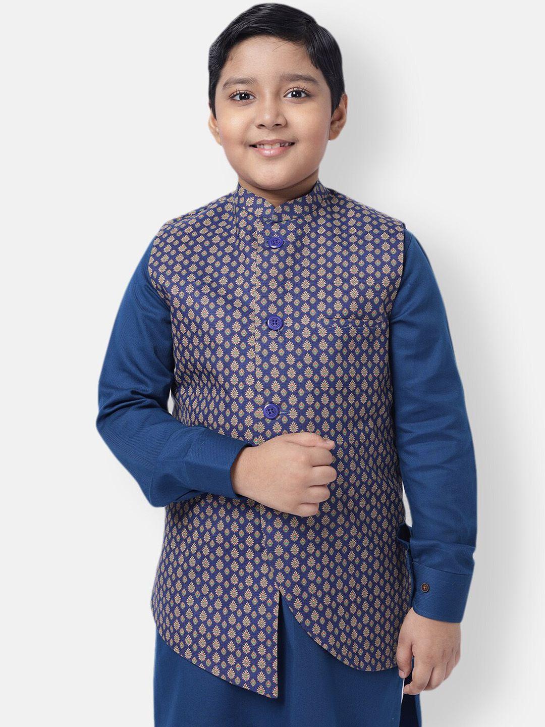 namaskar boys blue ethnic motif printed pure cotton nehru jacket