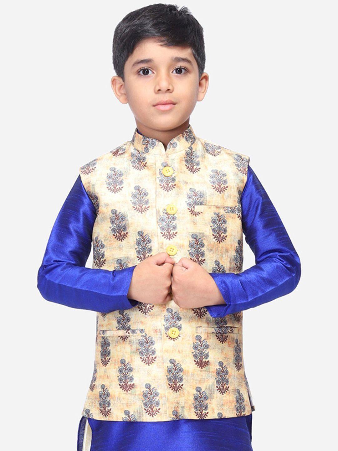 namaskar boys cream  printed silk nehru jacket