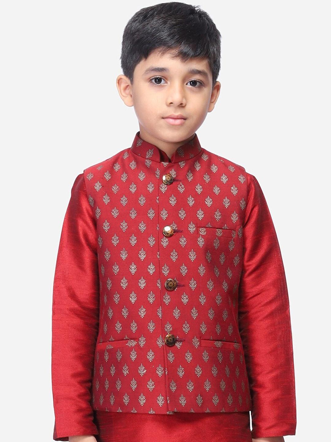 namaskar boys maroon woven design nehru jackets