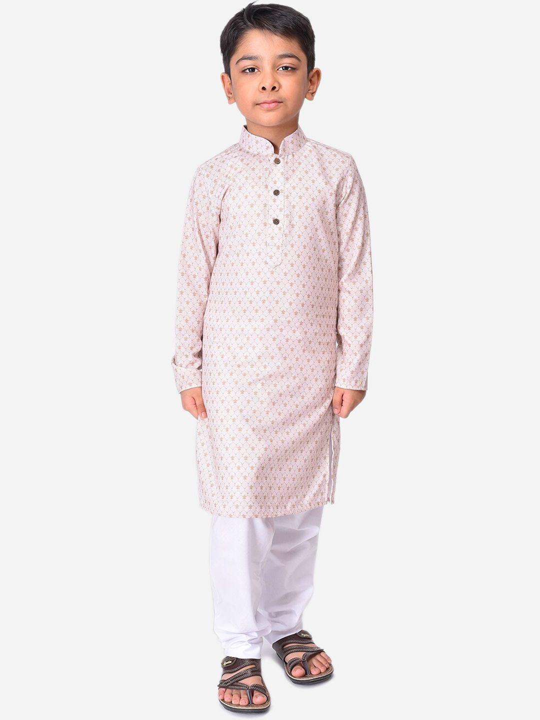 namaskar boys off white ethnic motifs printed cotton-linen kurta