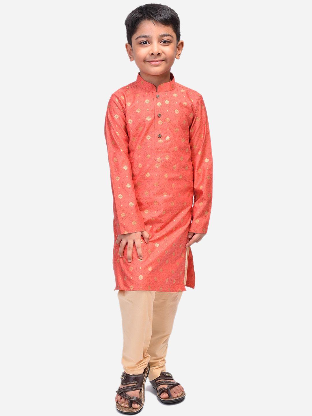 namaskar boys peach-coloured woven design straight kurta