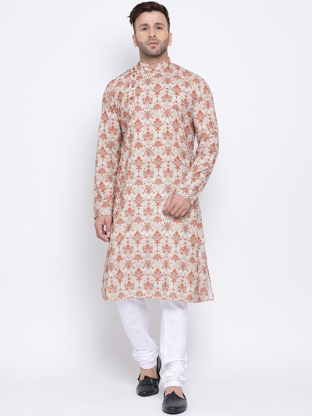 namaskar men beige & orange printed cotton linen kurta