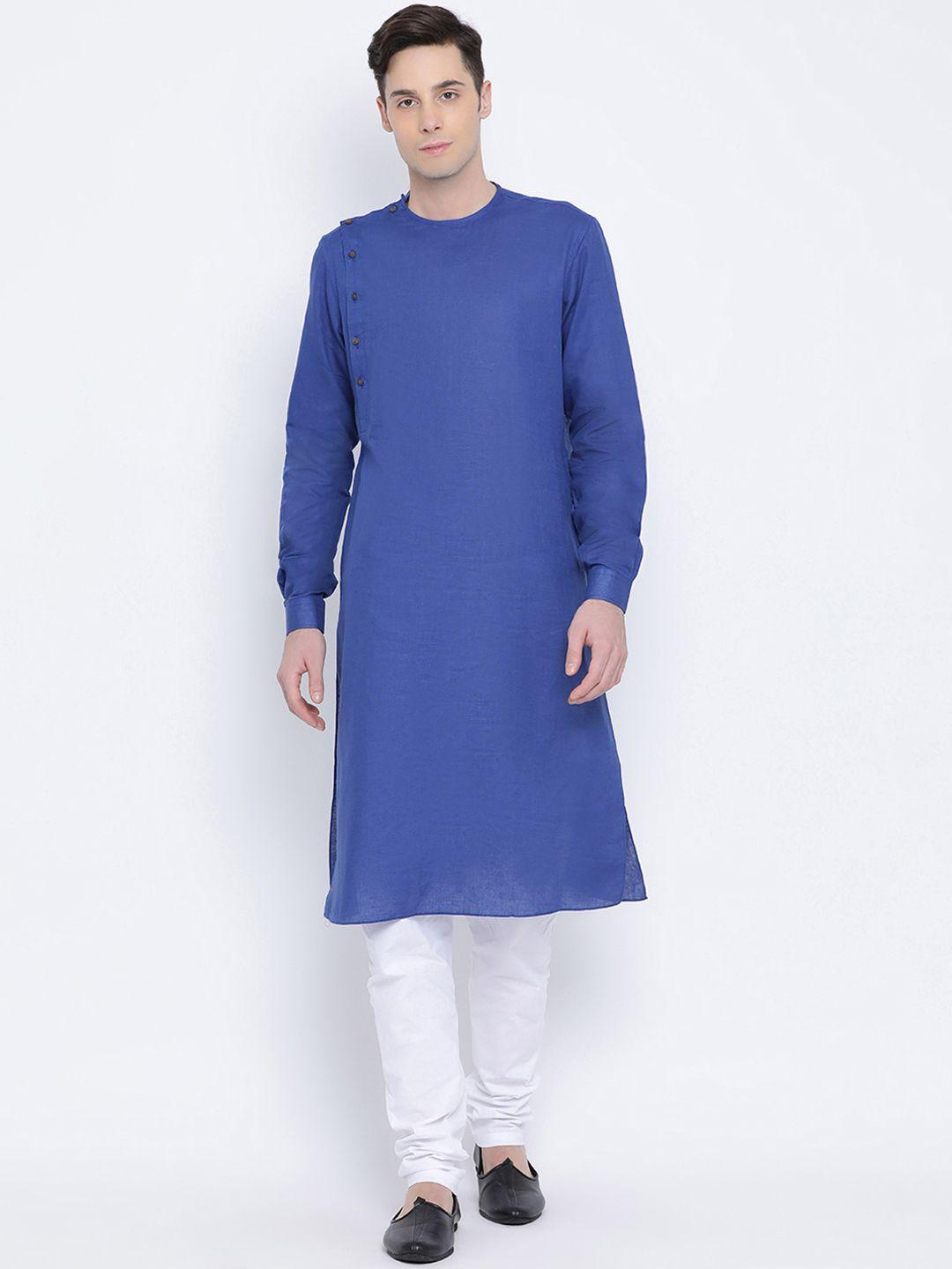 namaskar men blue  cotton solid straight kurta