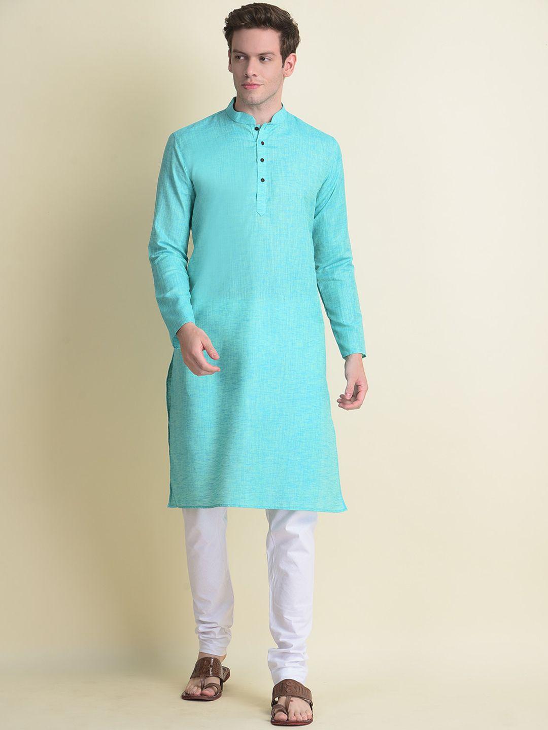 namaskar men blue cotton linen solid kurta