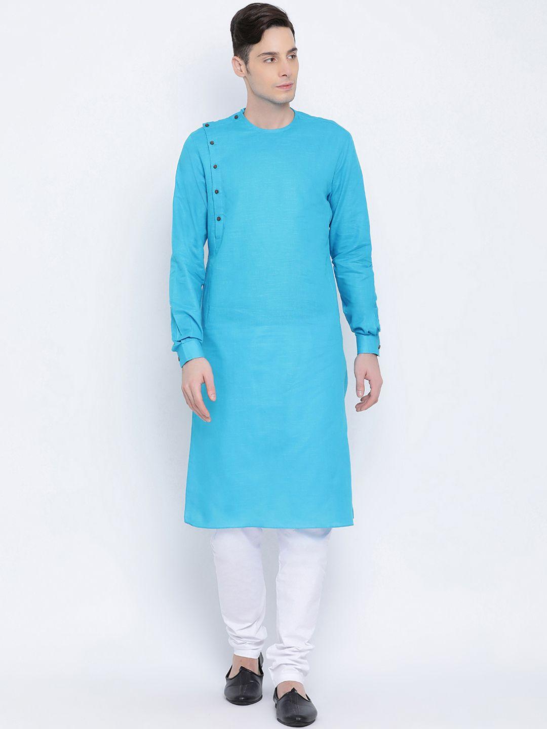 namaskar men blue cotton solid straight kurta
