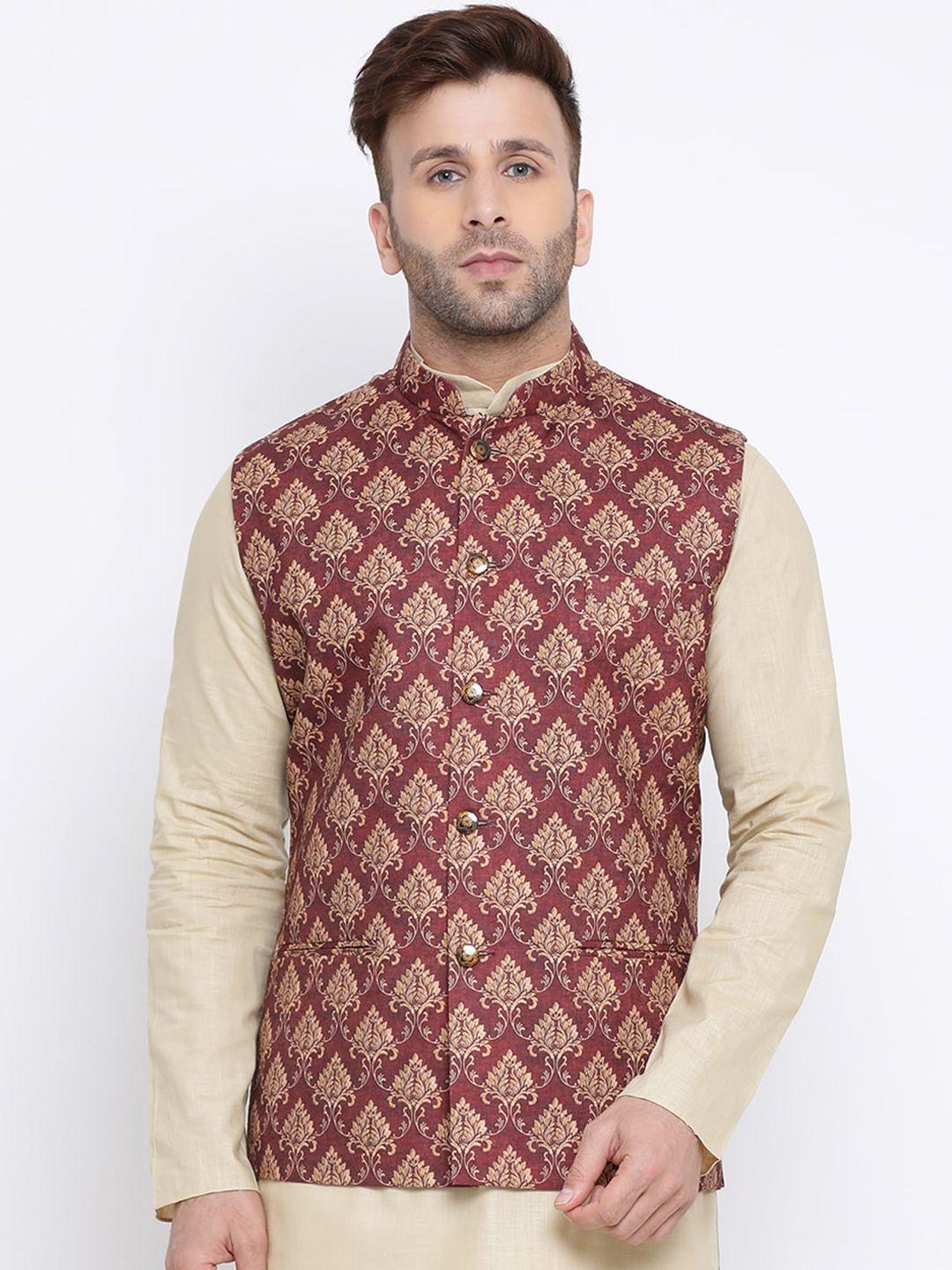 namaskar-men-brown-printed-nehru-jacket