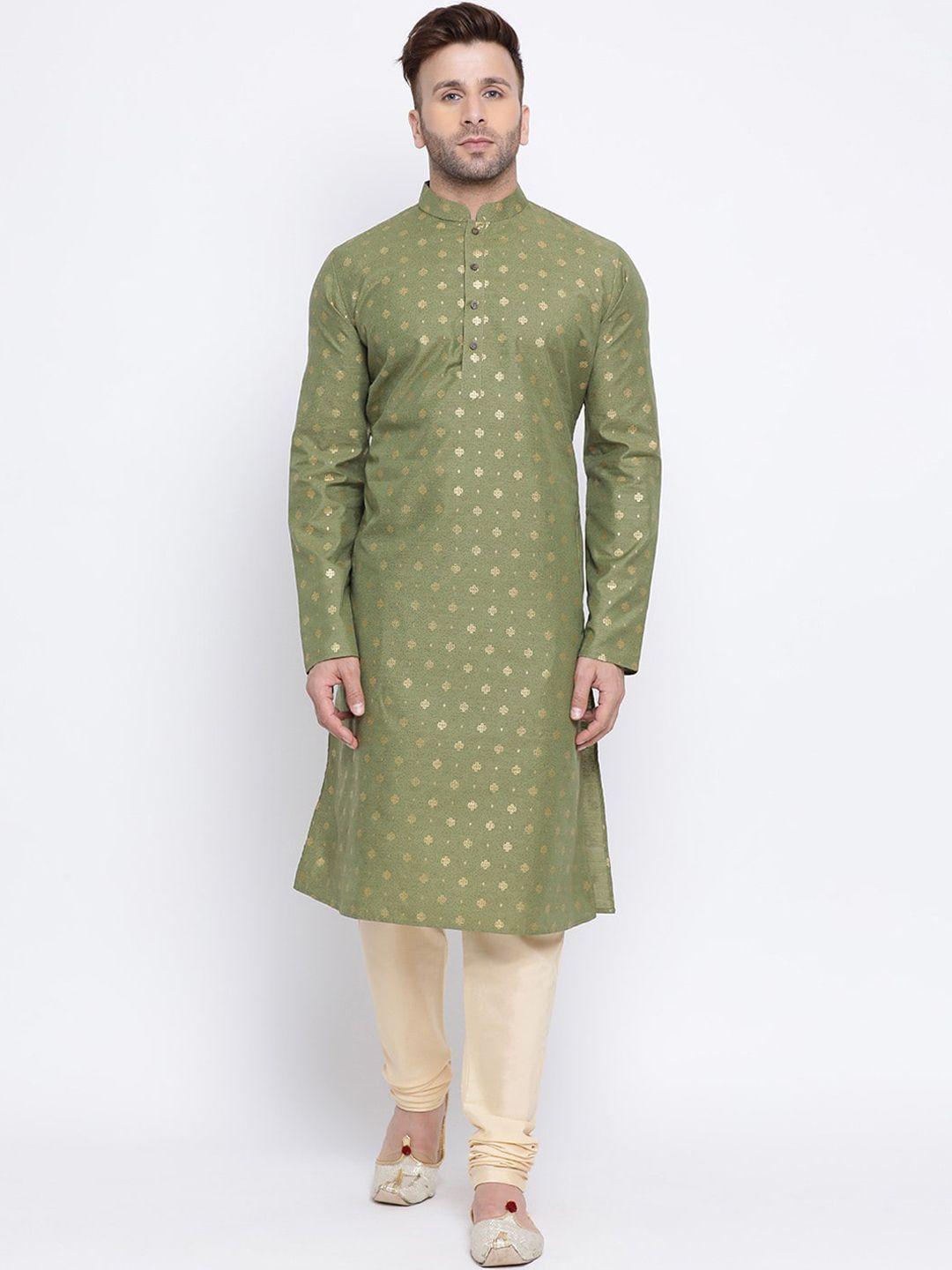 namaskar men green & gold-toned jacquard self design kurta