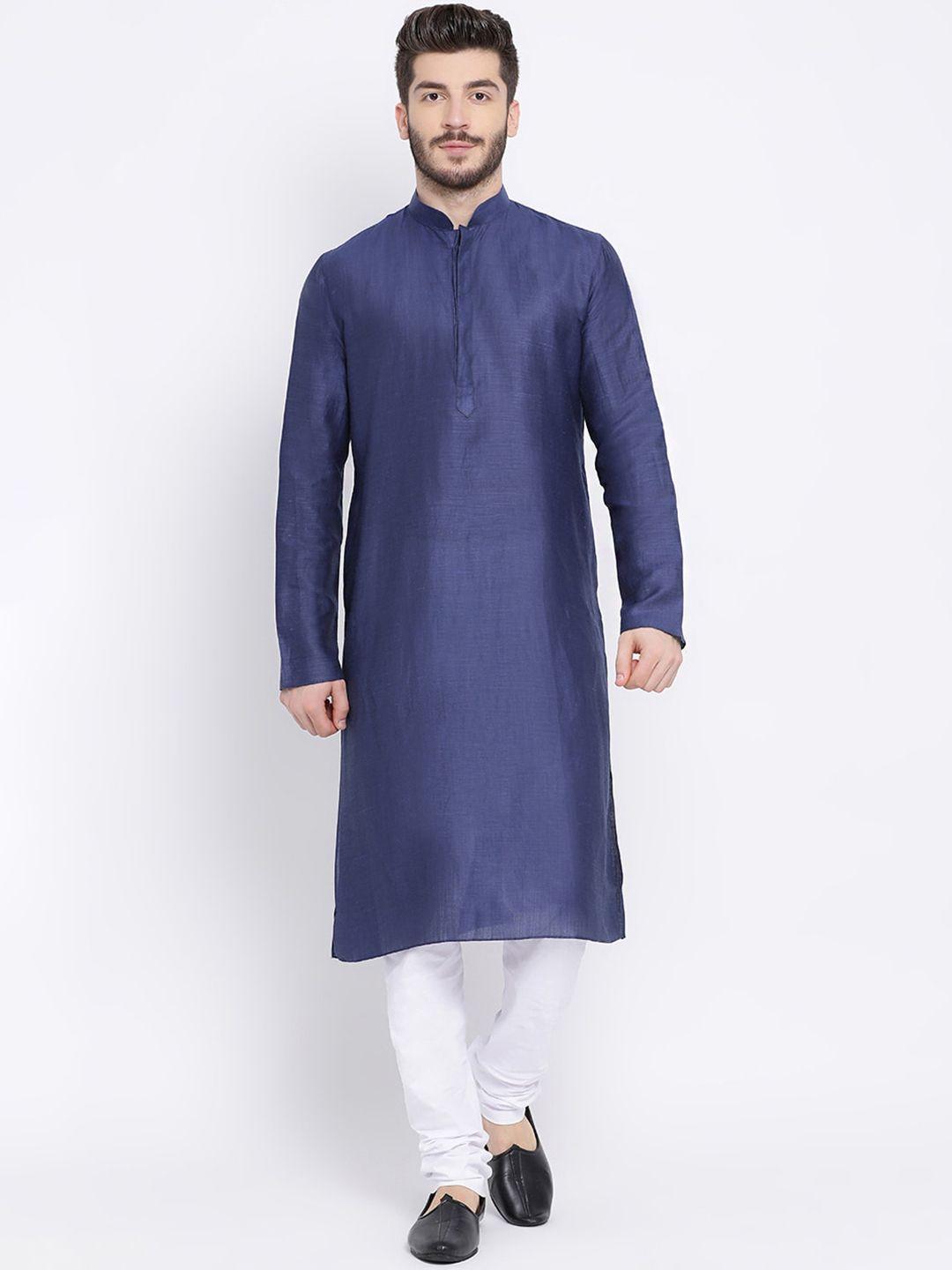 namaskar men navy blue cotton linen solid kurta