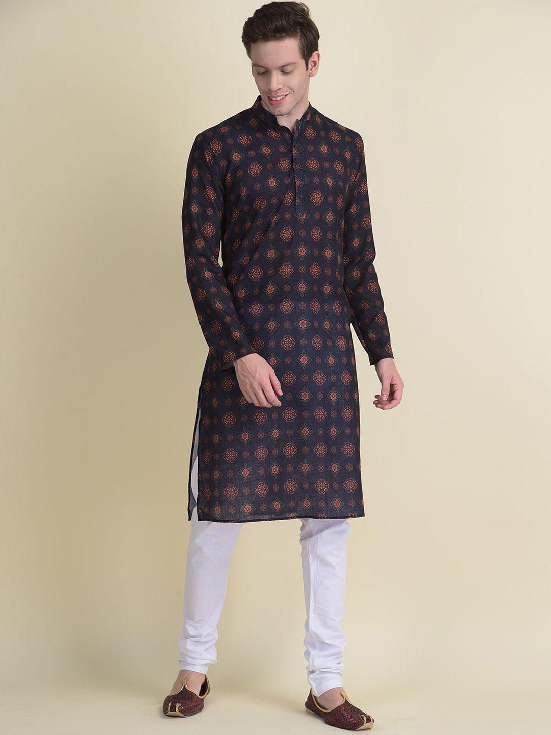 namaskar men navy blue ethnic motifs printed cotton kurta