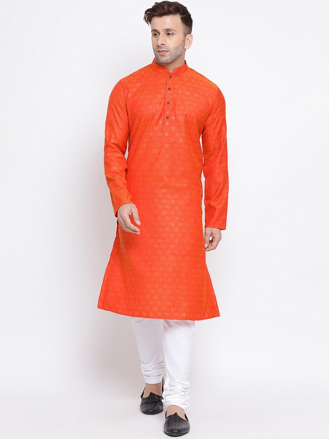 namaskar men orange cotton printed kurta
