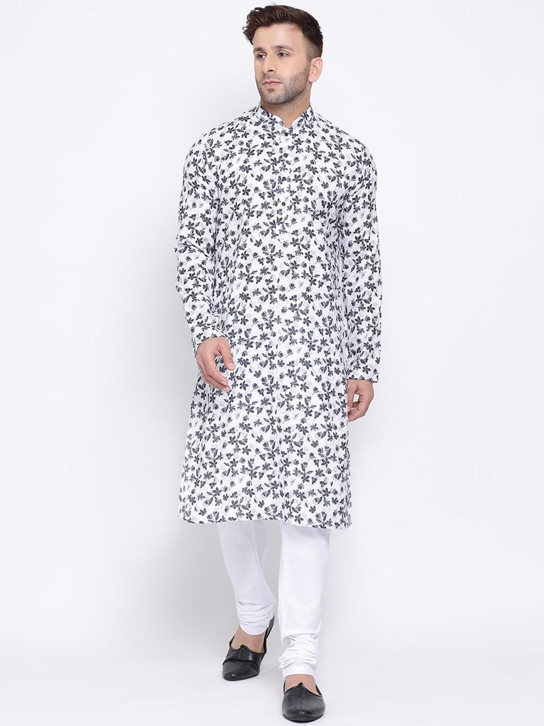 namaskar men white & black cotton linen printed kurta
