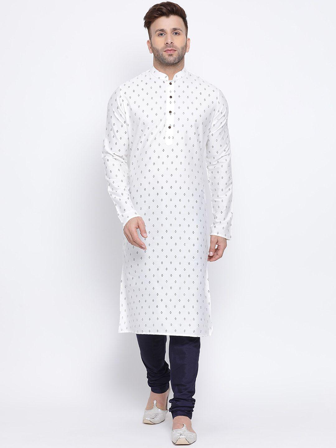 namaskar men white cotton blend printed kurta