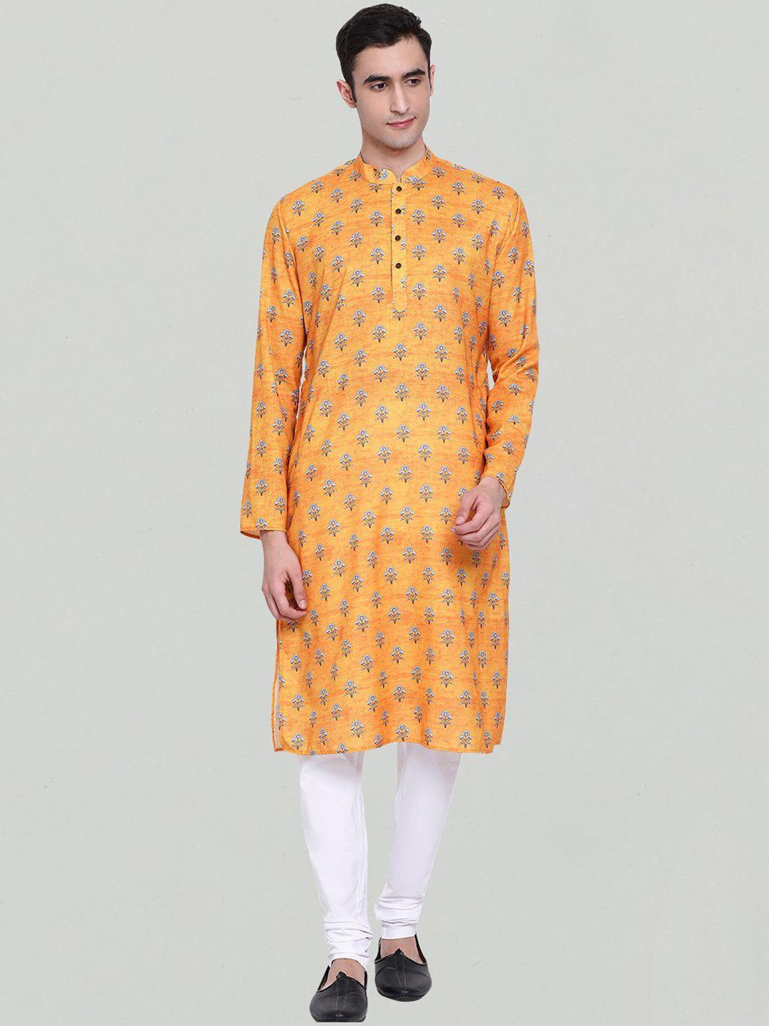 namaskar men yellow cotton printed kurta