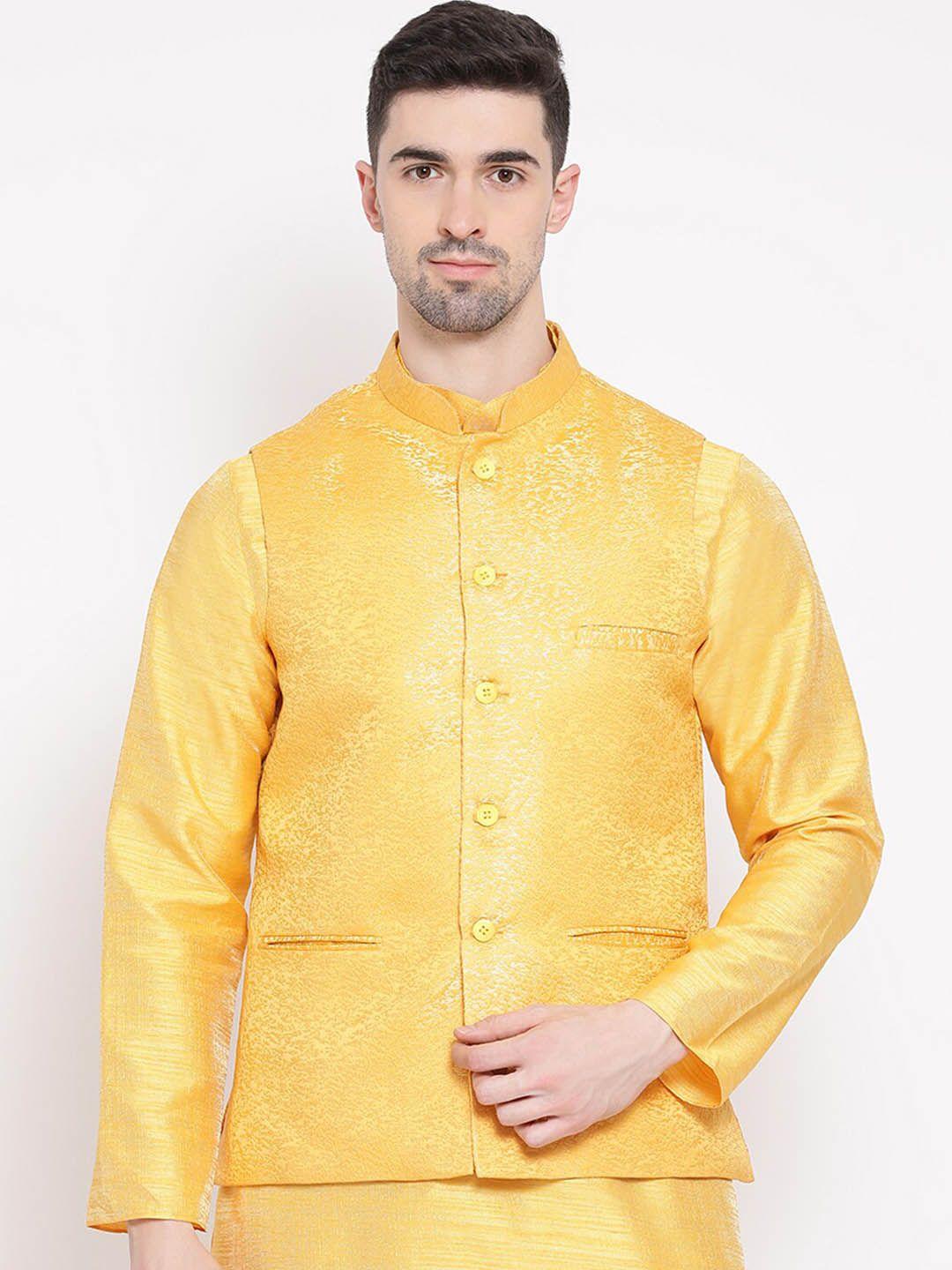 namaskar men yellow woven-design nehru jacket