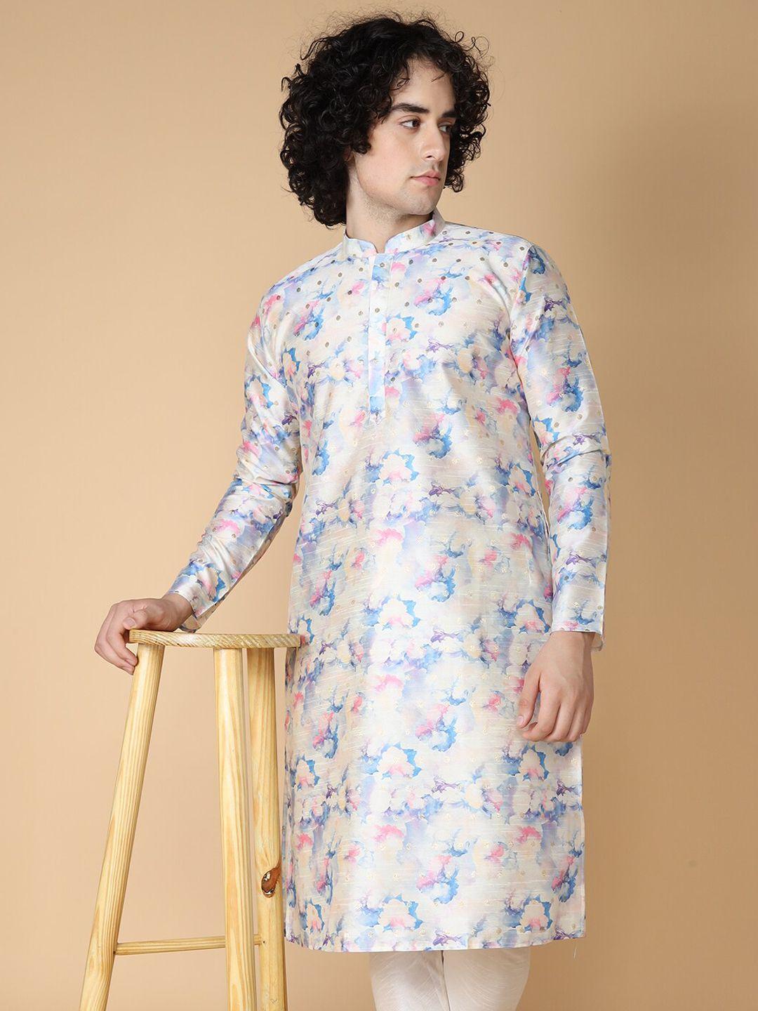 namaskar abstract printed mandarin collar silk kurta