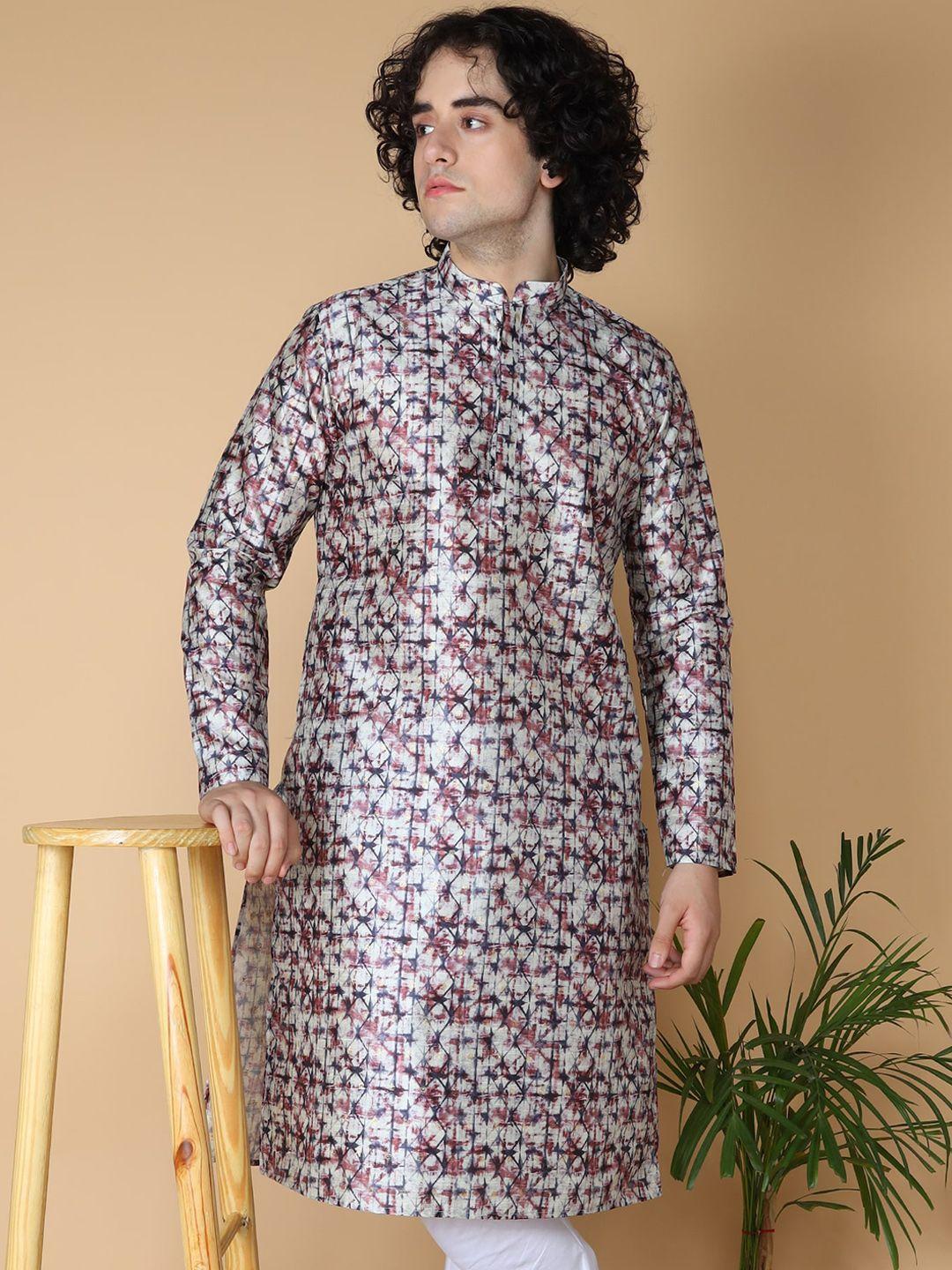 namaskar abstract printed mandarin collar silk kurta