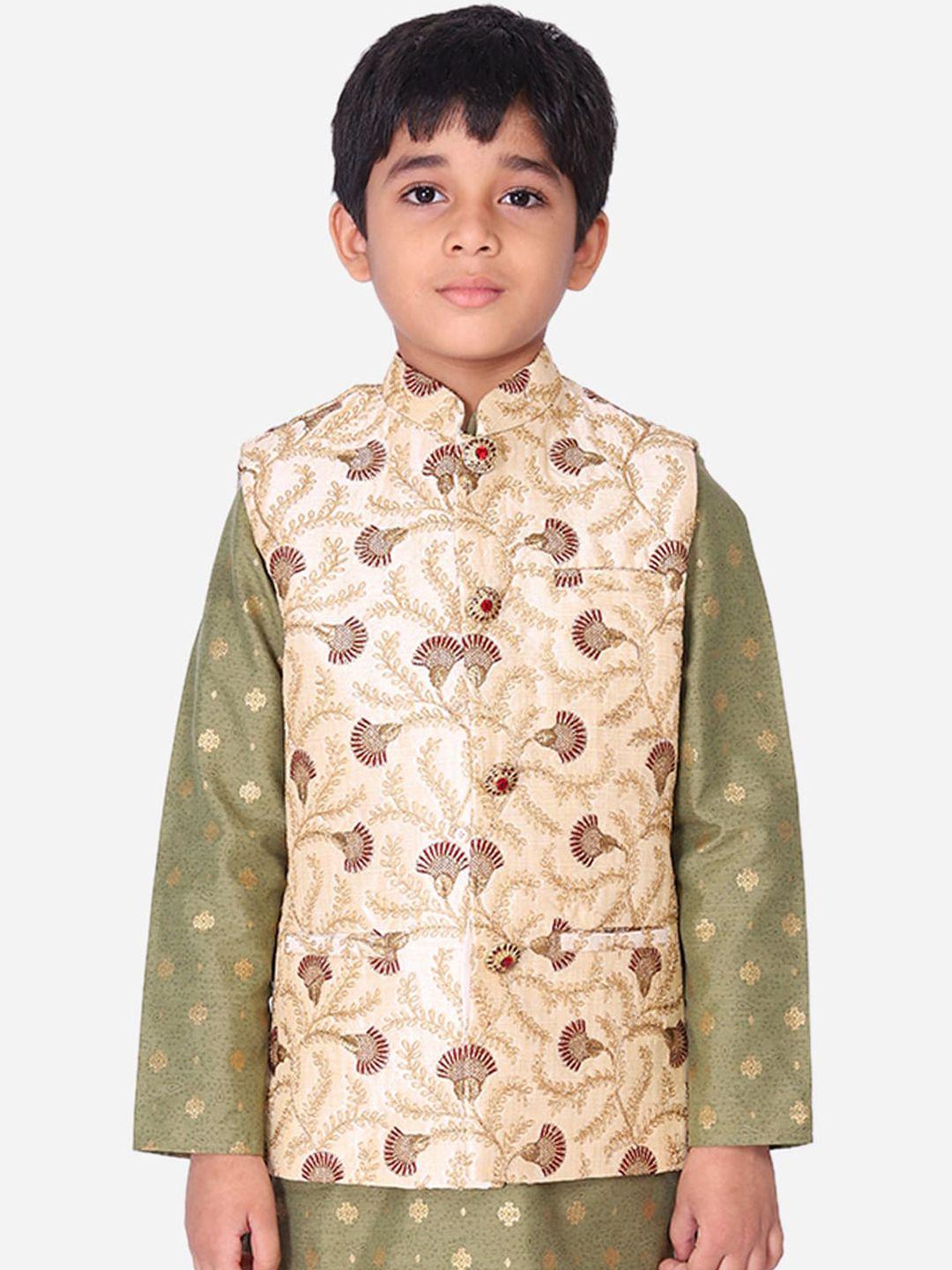 namaskar boys beige & maroon zari embroidered woven design nehru jacket