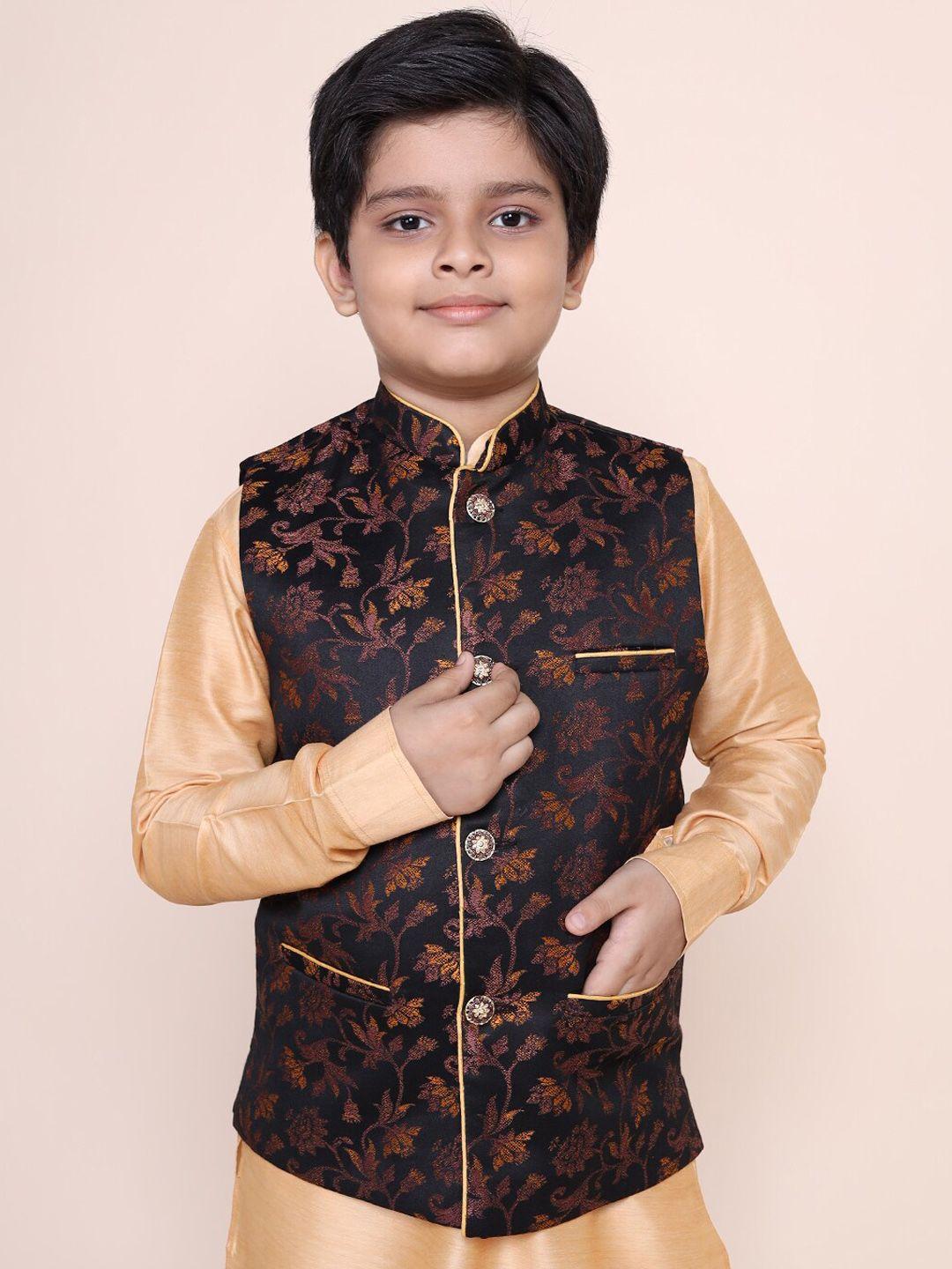 namaskar boys black & pink woven design nehru jacket