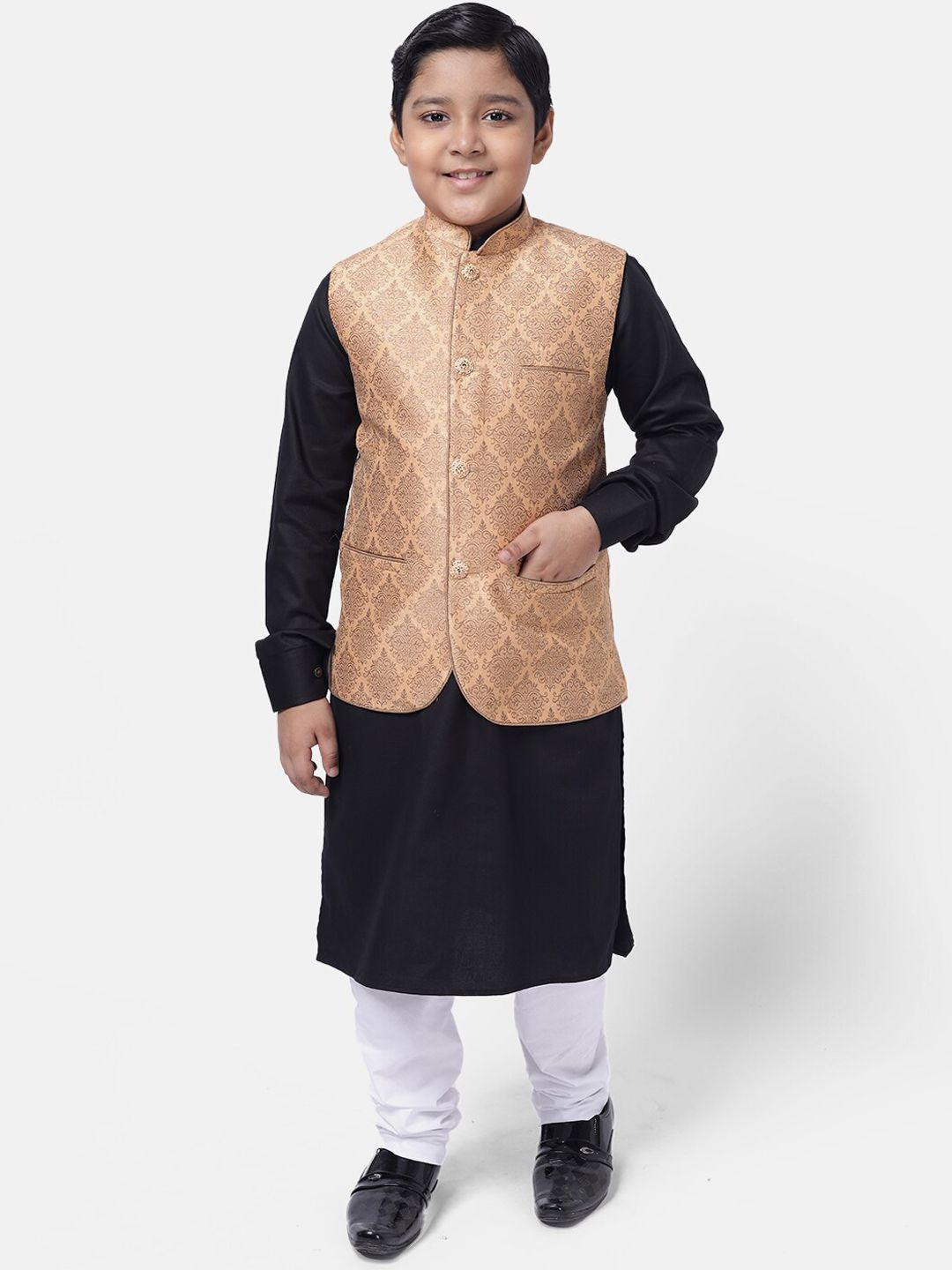 namaskar boys black embroidered pure cotton kurta with pyjamas & nehru jacket