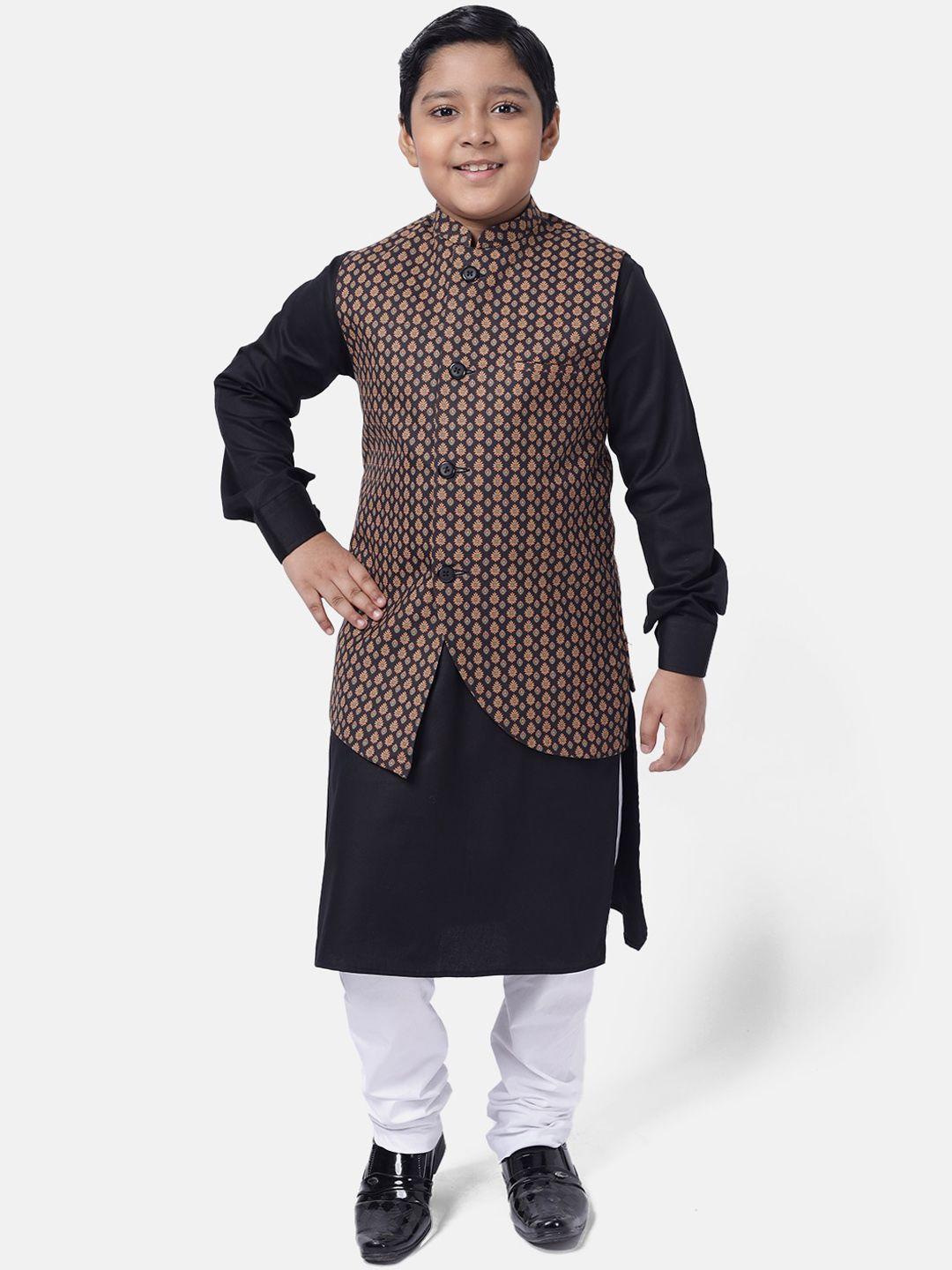 namaskar boys black printed regular pure cotton kurta with churidar & nehru jacket