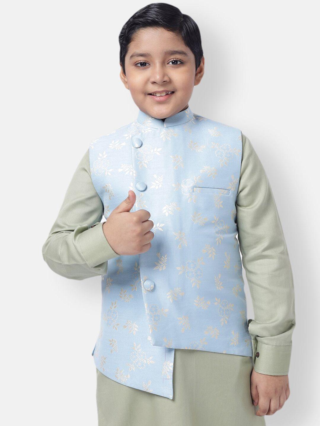 namaskar boys blue & white ethnic motifs woven design pure silk nehru jacket