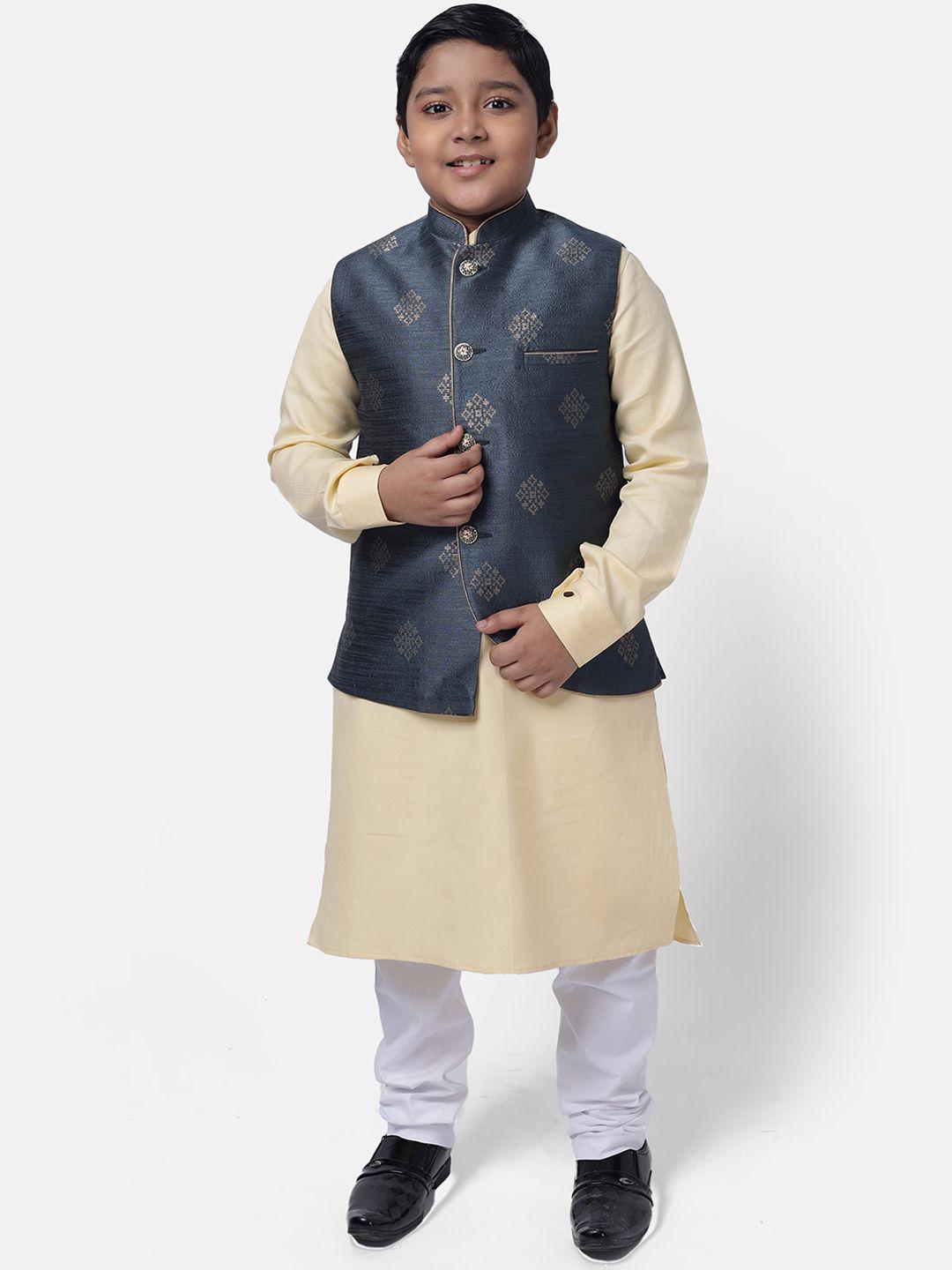 namaskar boys cream-coloured & white regular pure cotton kurta with pyjamas & nehru jacket