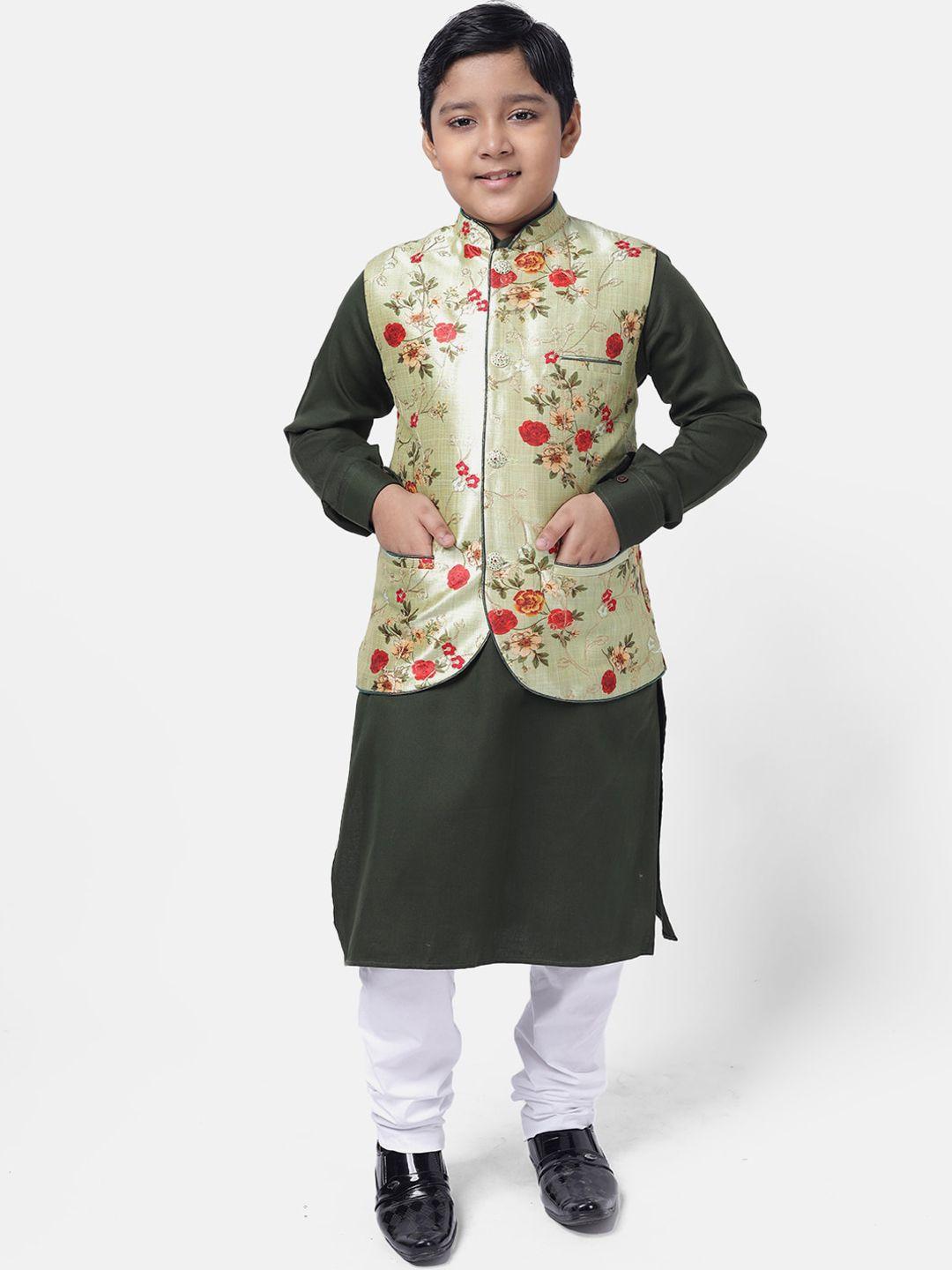 namaskar boys green & black printed pure cotton kurta with churidar & nehru jacket