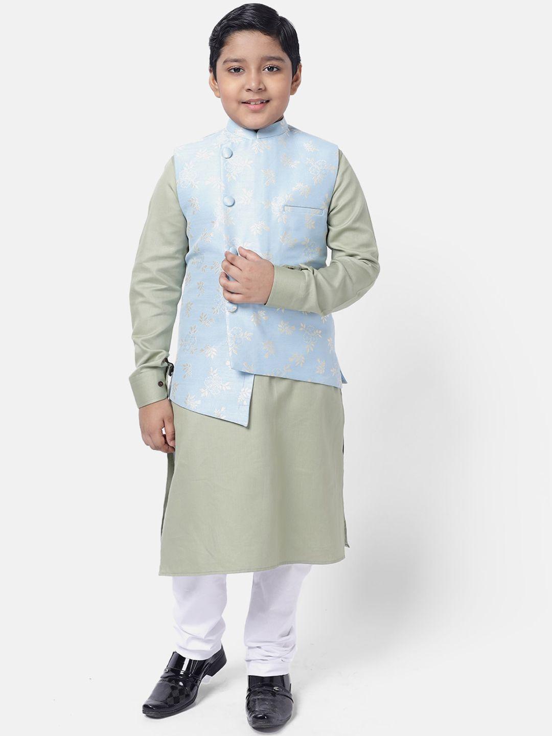 namaskar boys green & white regular pure cotton kurta with churidar & with nehru jacket