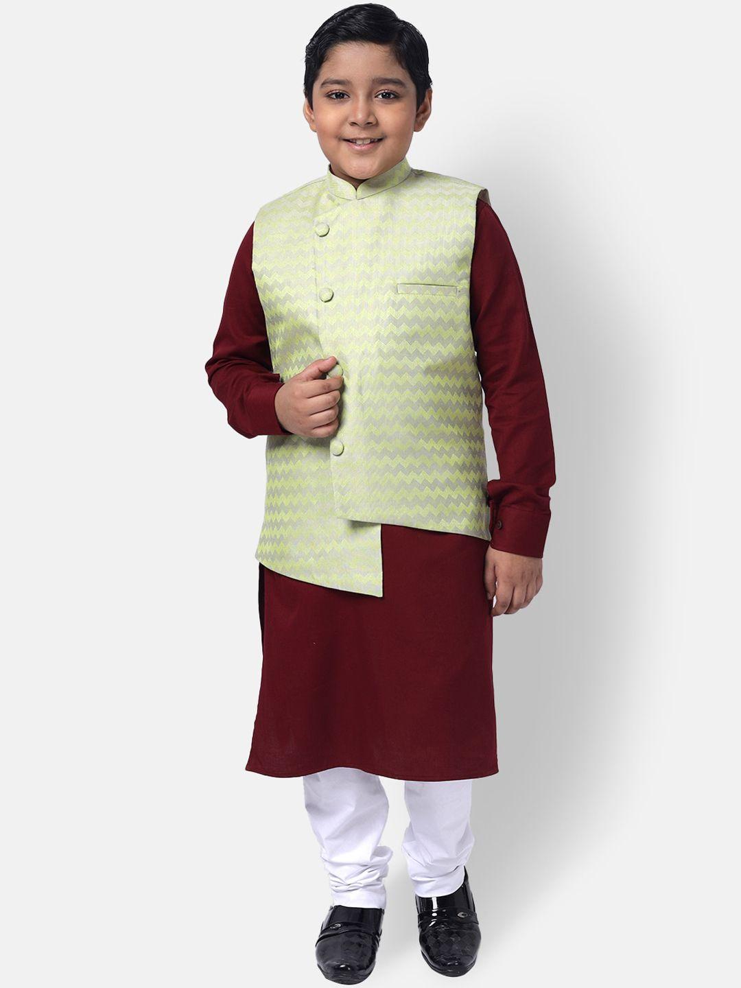 namaskar boys maroon & white regular pure cotton kurta with trousers & nehru jacket